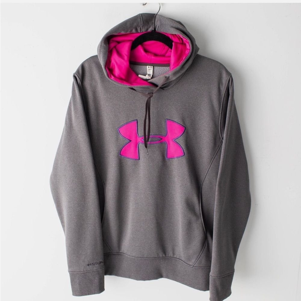 Under Armour Hoodie Women's M Gray Pink Semi Fitted Coldgear Storm Big Logo